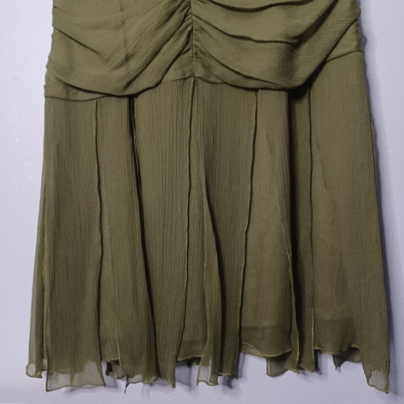 #66 Citrine Green Silk Drop Waist Empire Waist Ruched Bodice Dress Women's 12 - Picture 9 of 11